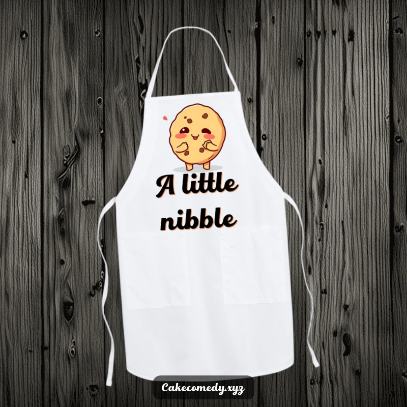 Funny giggling cookie character with a bite mark on a durable apron, making baking a mischievous and humorous activity.