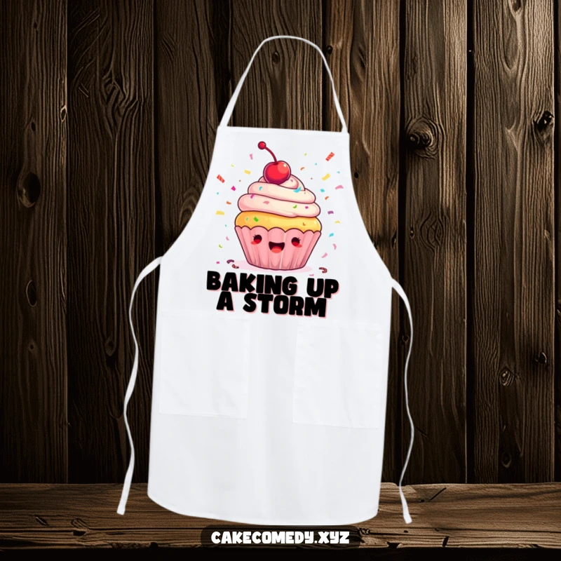Funny cupcake apron showing an ecstatic cupcake with a cherry, joyfully tossing confetti, perfect for adding humor to cooking and baking.
