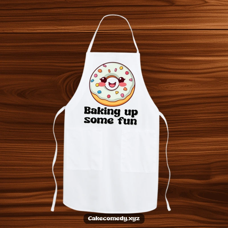 Funny donut apron featuring a happy donut with colorful sprinkle buttons, designed for joyful cooking and kitchen fun.