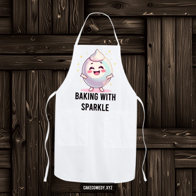 Funny delighted candy character wiggling and sparkling brightly on an apron, making cooking a delightful and energetic experience.