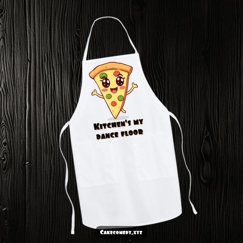 Funny pizza apron featuring a cheerful slice of pizza energetically dancing with humorous eyes, perfect for culinary fun and protection.
