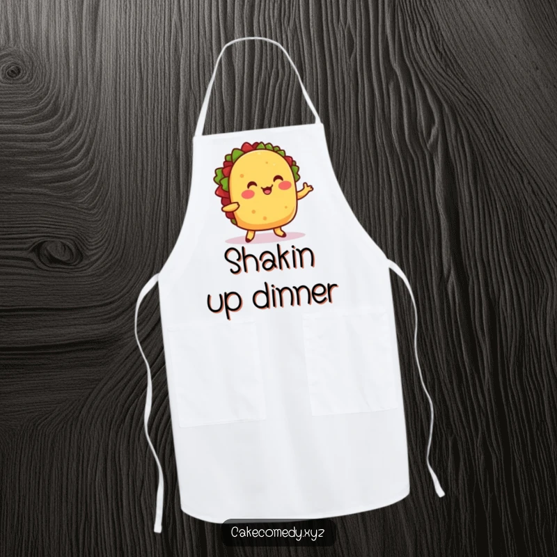 Funny apron featuring a cheerful taco with little feet doing a wiggle dance, perfect for festive cooking.