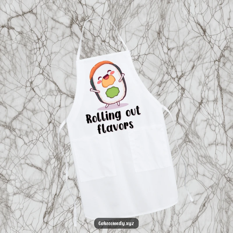 Funny sushi cartwheel apron with a gleeful sushi roll and a grin, perfect for adding humor and flair to cooking and baking adventures.