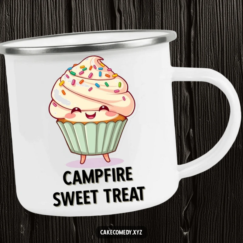 Funny cupcake character with sprinkle hair bouncing playfully on a camping mug, a humorous outdoor accessory for sweet adventurers.
