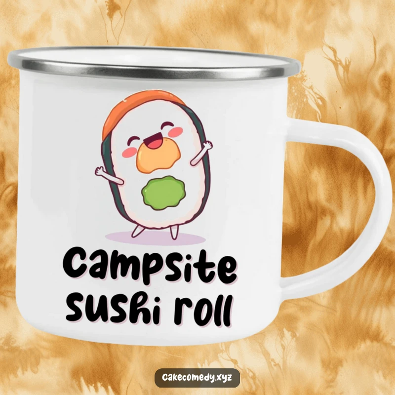 Funny sushi cartwheel camping mug with a gleeful sushi roll and a grin, perfect for outdoor sipping with a humorous and festive touch.