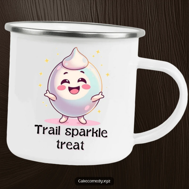 Funny delighted candy character wiggling and sparkling brightly on a camping mug, bringing energetic joy to outdoor beverages.