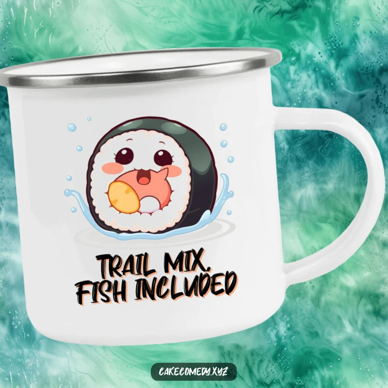 Funny sushi camping mug featuring a giggling sushi roll with tiny fins splashing, built for adventure and aquatic-themed enjoyment.