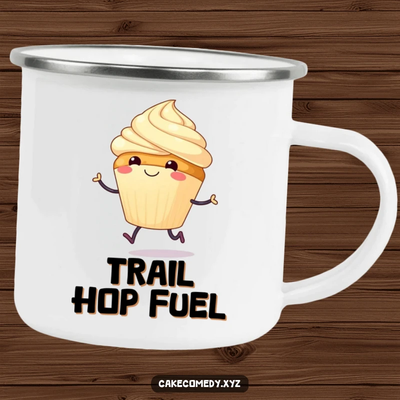 Funny camping mug with a smiling cupcake and tiny legs joyfully hopping, perfect for sweet sips outdoors.