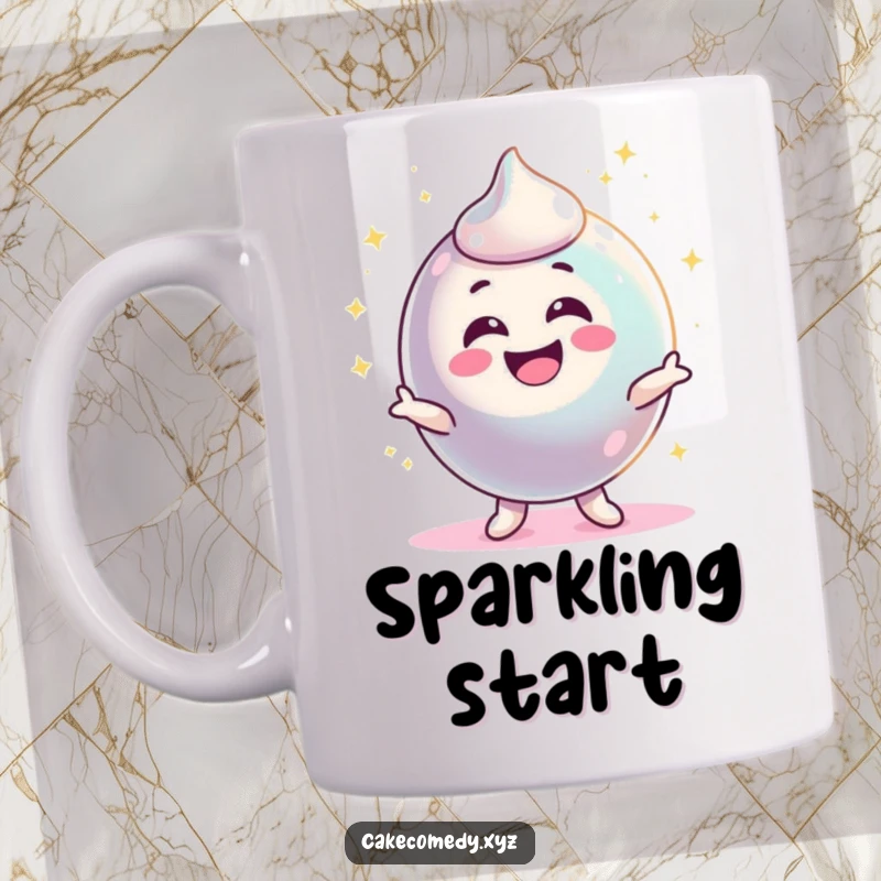 Funny delighted candy character wiggling with excitement and sparkling brightly on a mug, radiating pure joy and fun.