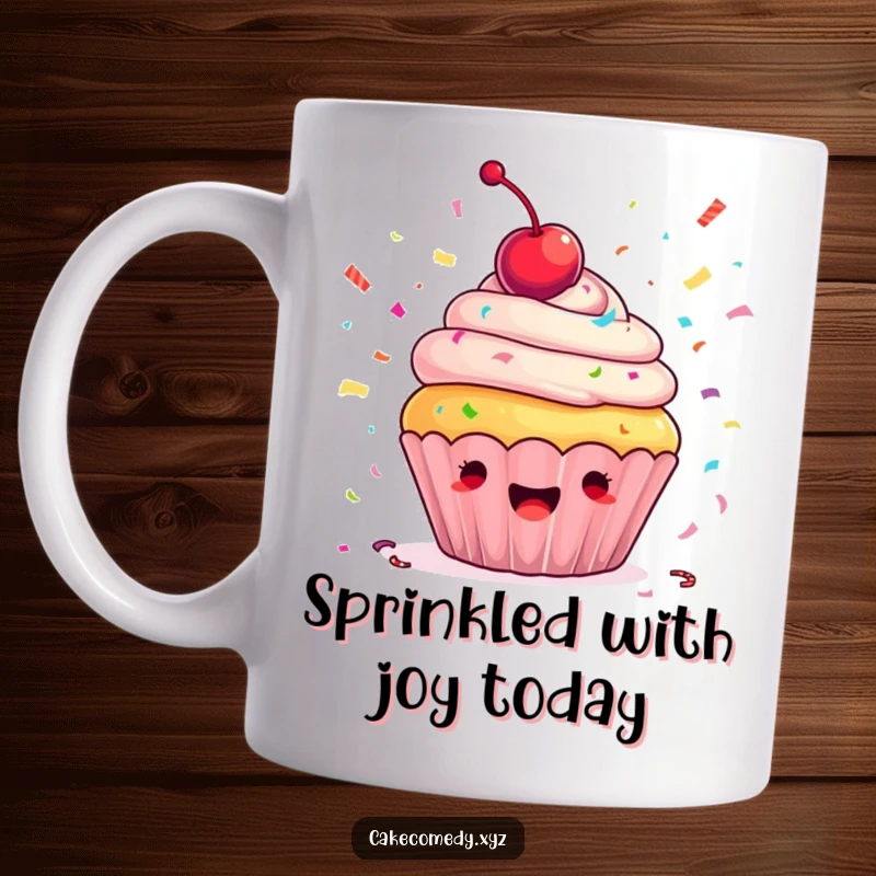 Funny cupcake mug design featuring an ecstatic cupcake with a cherry on top throwing colorful confetti, perfect for a joyful and energetic gift.
