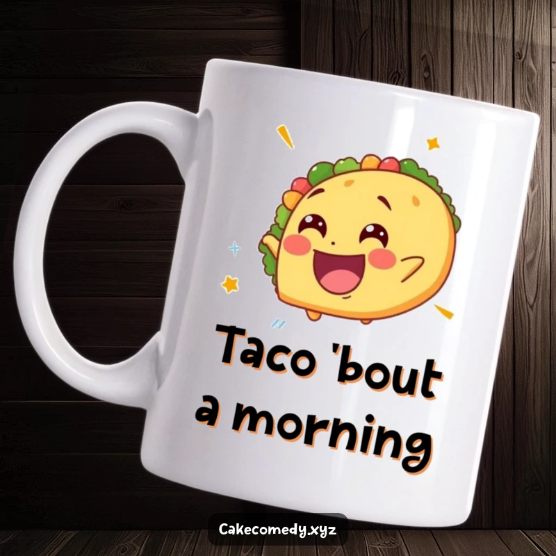 Funny spinning taco mug with a delighted expression, capturing a moment of pure giddy joy, perfect for a humorous and flavorful gift.