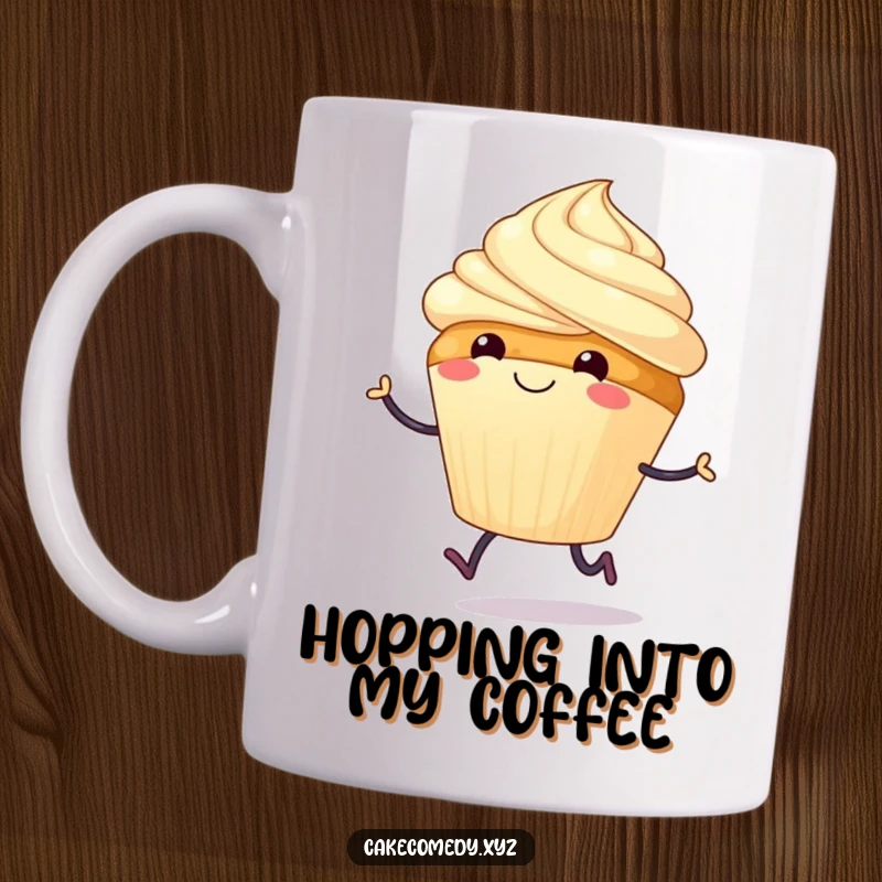 Funny mug featuring a smiling cupcake with tiny legs doing a joyful hop, symbolizing happiness and sweetness.