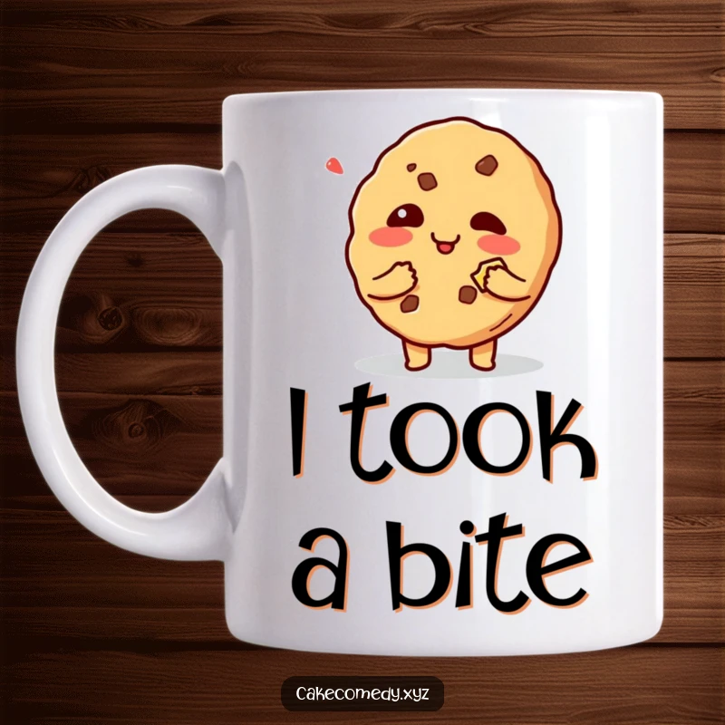 Funny giggling cookie character holding a bite mark on a mug, looking mischievous and utterly charming for a fun gift.