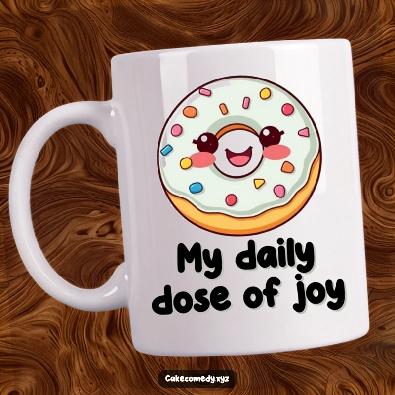 Funny donut mug with cheerful sprinkle buttons spinning with delight, radiating happiness and sweet vibes for any coffee lover.