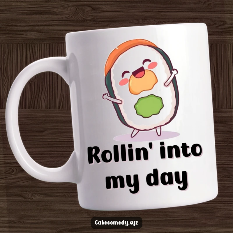 Funny sushi roll mug with a grin performing a cartwheel, capturing a moment of pure gleeful athleticism, perfect for a humorous and tasty gift.