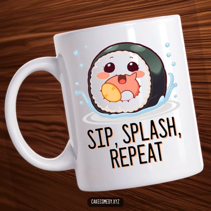 Funny sushi mug featuring a giggling sushi roll with tiny fins cheerfully splashing in water, bringing aquatic fun to your mug collection.