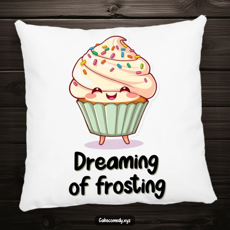 Funny cupcake character with sprinkle hair bouncing joyfully on a pillow, a soft and humorous decorative item for sweet lovers.