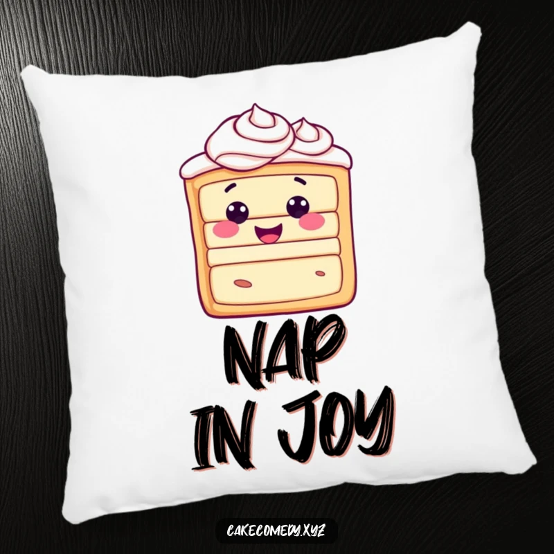 Funny happy cake slice character with frosting swirls on a soft pillow, radiating pure joy and offering delightful comfort.