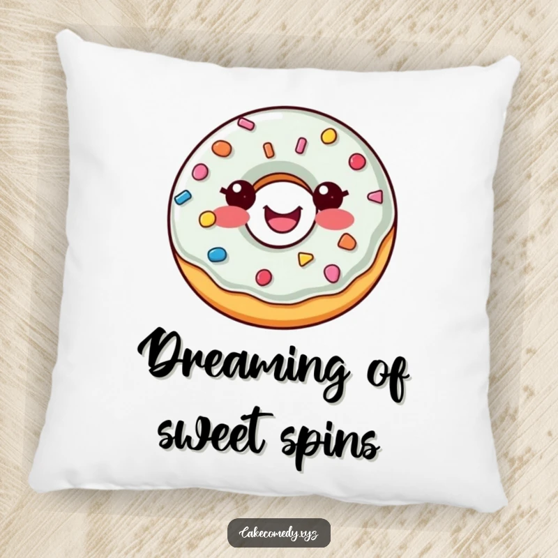 Funny donut pillow with a delighted, spinning donut and sprinkle buttons, offering a plush and cheerful addition to any seating area.