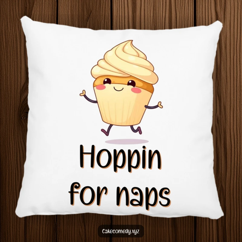 Funny pillow with a smiling cupcake and tiny legs doing a joyful hop, perfect for sweet comfort and cheer.