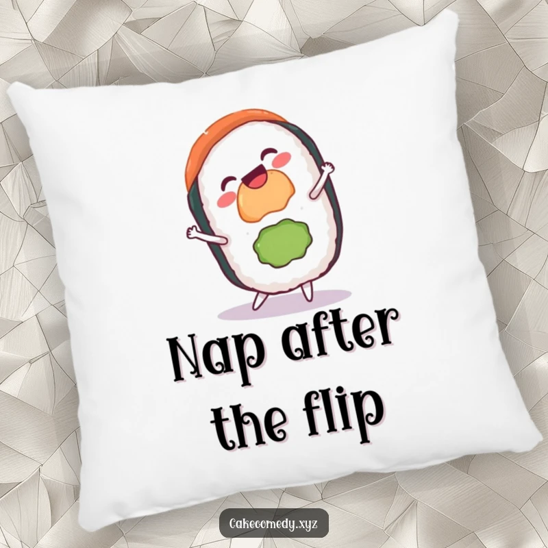 Funny gleeful sushi pillow featuring a sushi roll with a grin performing a cartwheel, adding a humorous and comfortable touch to any seating area or bed.