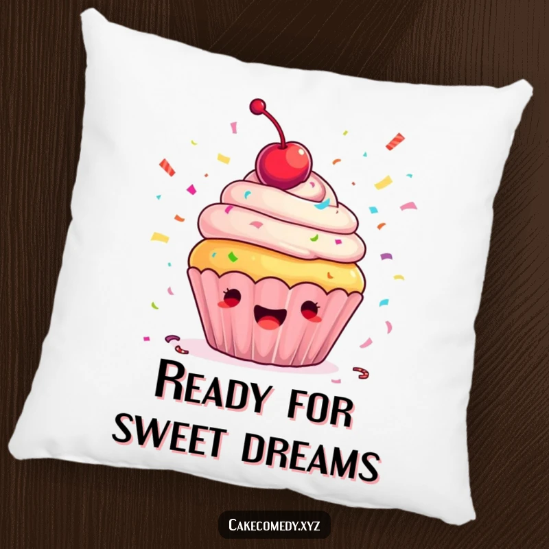 Funny cupcake pillow with an ecstatic cupcake celebrating with a cherry on top and throwing colorful confetti, adding humor to any cozy space.