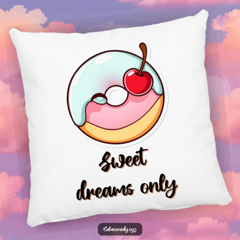 Funny glazed donut character winking with a cherry on a soft pillow, offering comfort and a dose of sweet humor.