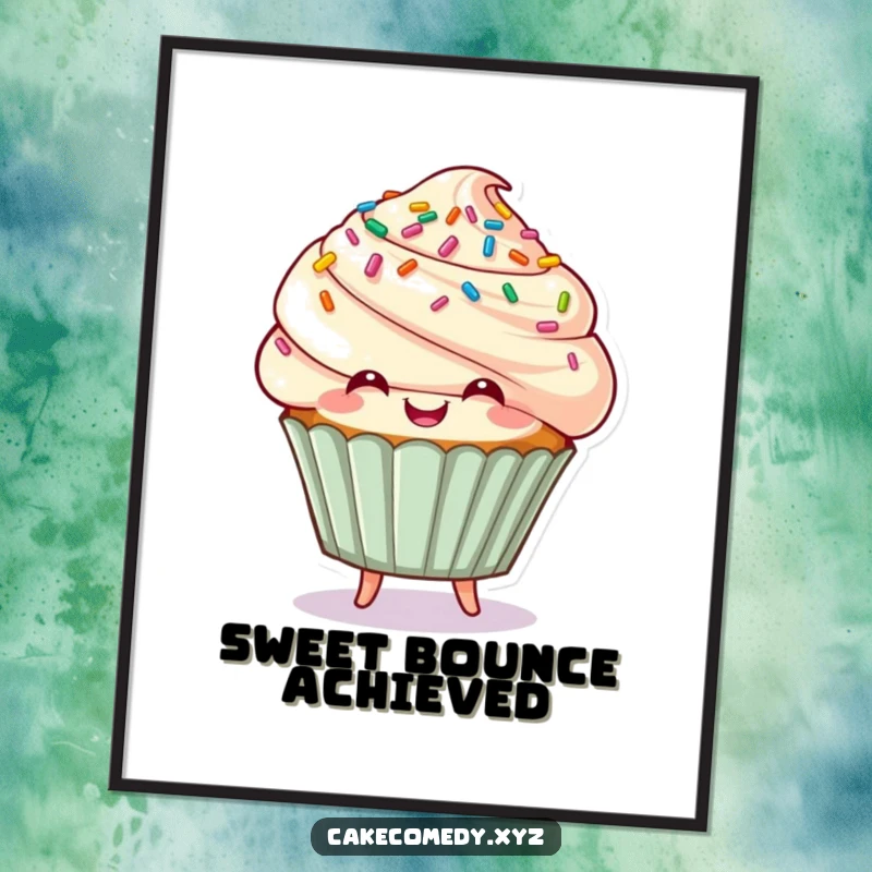 Funny smiling cupcake character with sprinkle hair bouncing playfully on a poster, sweet and humorous wall art.
