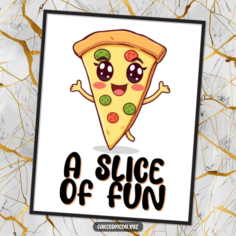 Funny dancing pizza digital art print of a cheerful slice with eyes, energetically grooving, ideal for vibrant and humorous online or printed decor.