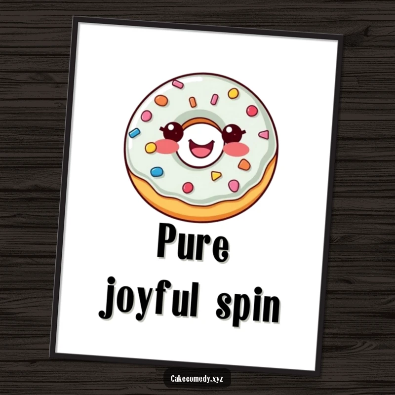 Funny donut digital art print of a delighted, spinning donut with colorful sprinkle buttons, perfect for vibrant and happy wall decor.