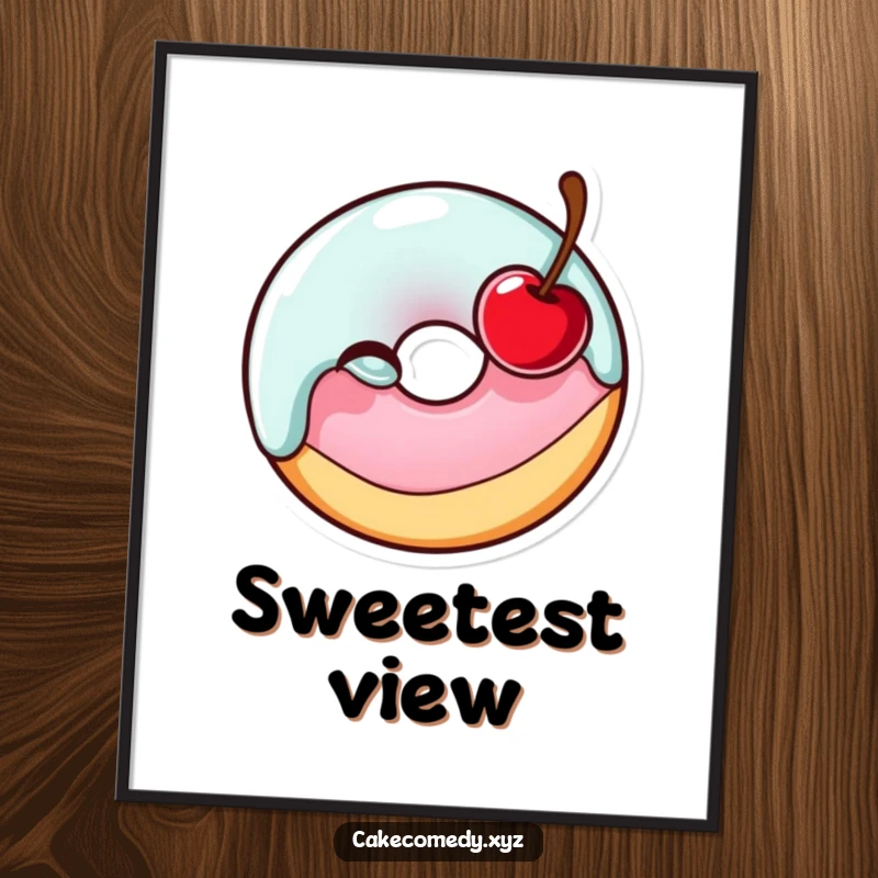 Funny cheerful donut character winking with a cherry, a printable digital art piece full of sweetness and humorous charm.