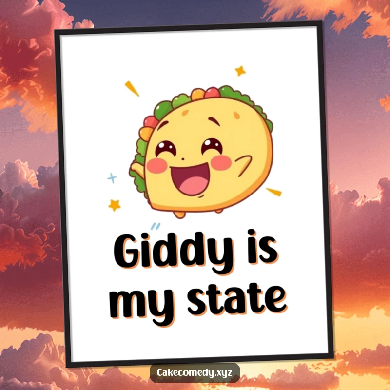 Funny spinning taco digital art print of a delighted taco with a giddy expression, ideal for vibrant and humorous online or printed decor.