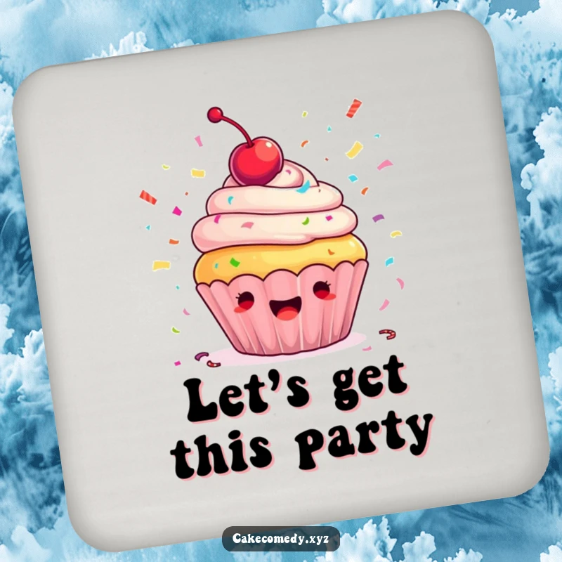 Funny cupcake coaster with an ecstatic cupcake, cherry on top, throwing colorful confetti, designed to protect surfaces with a humorous flair.