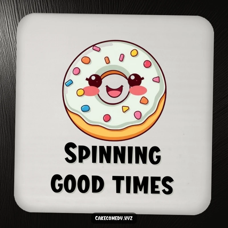 Funny donut coasters featuring a happy, spinning donut with colorful sprinkle buttons, offering stylish and sweet protection for drinks.