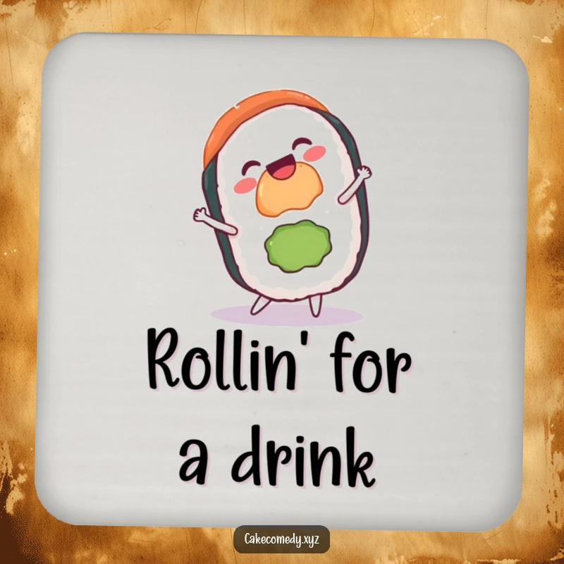 Funny sushi cartwheel coaster with a gleeful sushi roll and a grin, designed to protect surfaces with a humorous and festive touch.