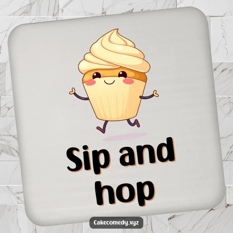 Funny drink coaster with a smiling cupcake and tiny legs doing a joyful hop, adding sweet humor to surface protection.
