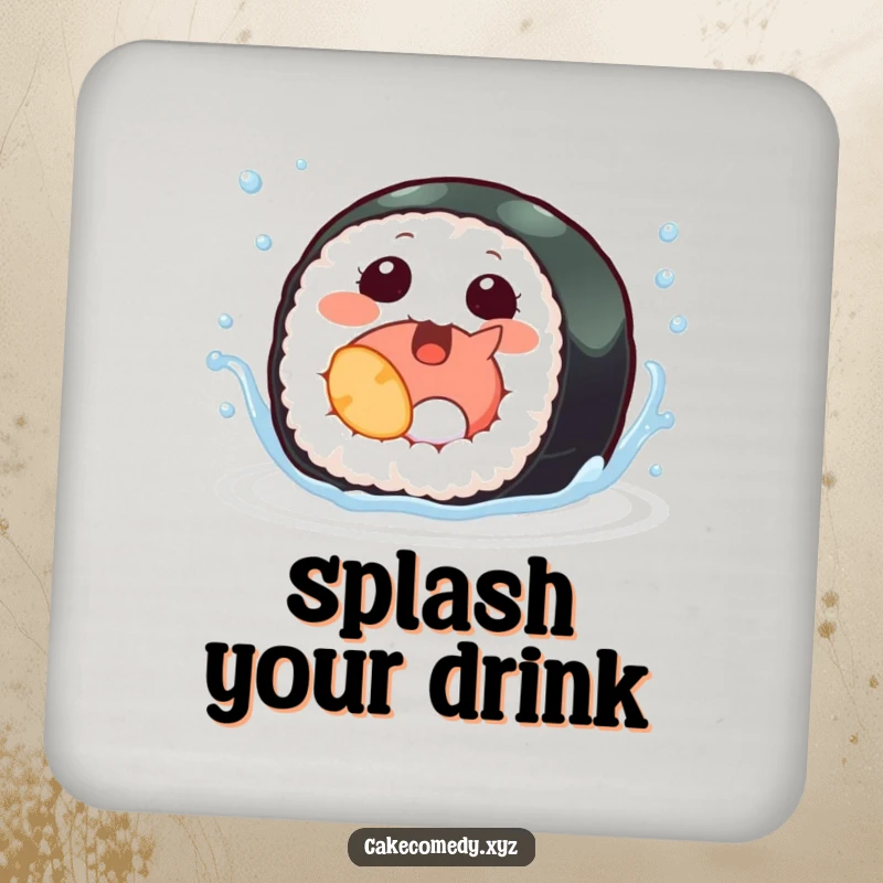 Funny sushi coasters featuring a giggling sushi roll with tiny fins splashing, offering stylish and whimsical protection for drinks.