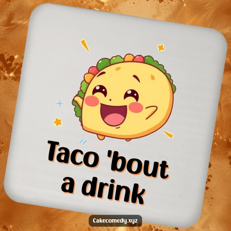 Funny spinning taco coaster with a delighted taco and giddy expression, designed to protect surfaces with a humorous and festive touch.