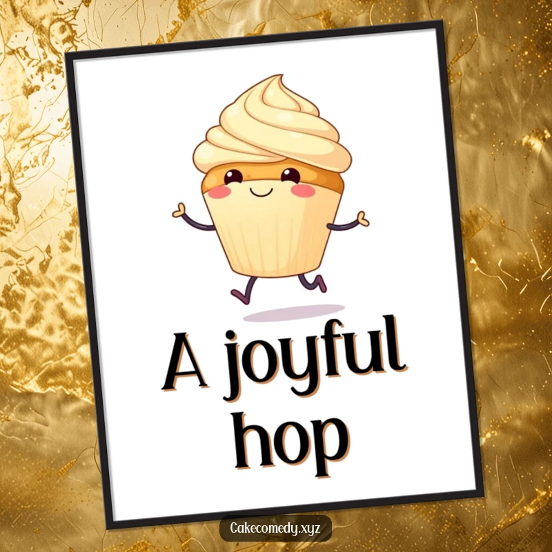 Funny poster of a smiling cupcake with tiny legs joyfully hopping, bringing a sense of happiness and sweet delight.