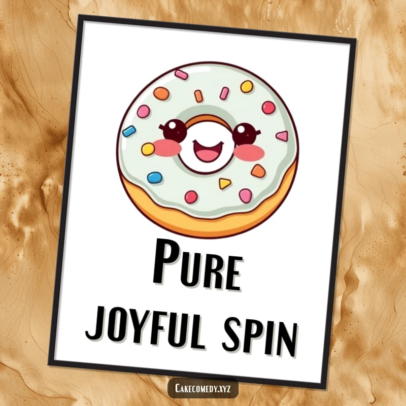 Funny donut poster featuring a happy, spinning donut with colorful sprinkle buttons, bringing sweet joy to any wall space.