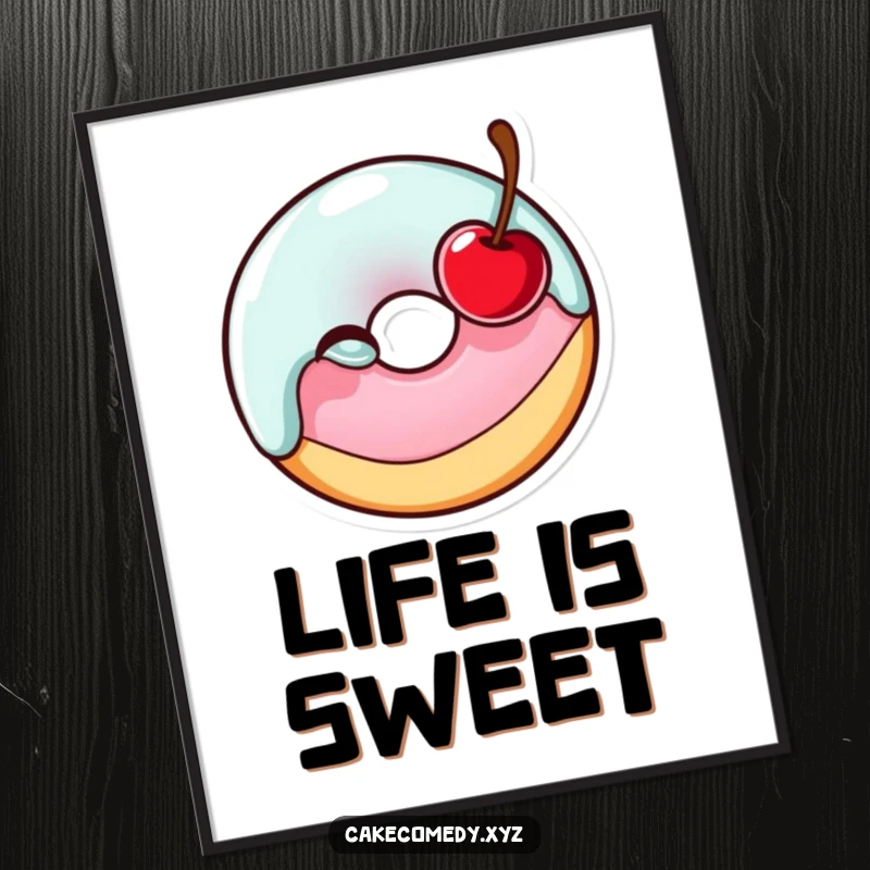 Funny cheerful donut character winking with a cherry, a vibrant poster adding a touch of sweetness and humor to any wall.
