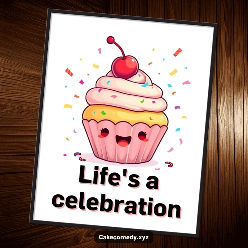Funny cupcake poster showing an ecstatic cupcake, cherry on top, joyfully throwing colorful confetti, ideal for vibrant and humorous wall decor.
