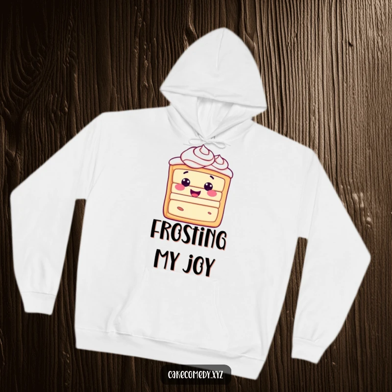 Funny happy cake slice character with frosting swirls on a hoodie, exuding pure joy and cozy vibes for any fan.