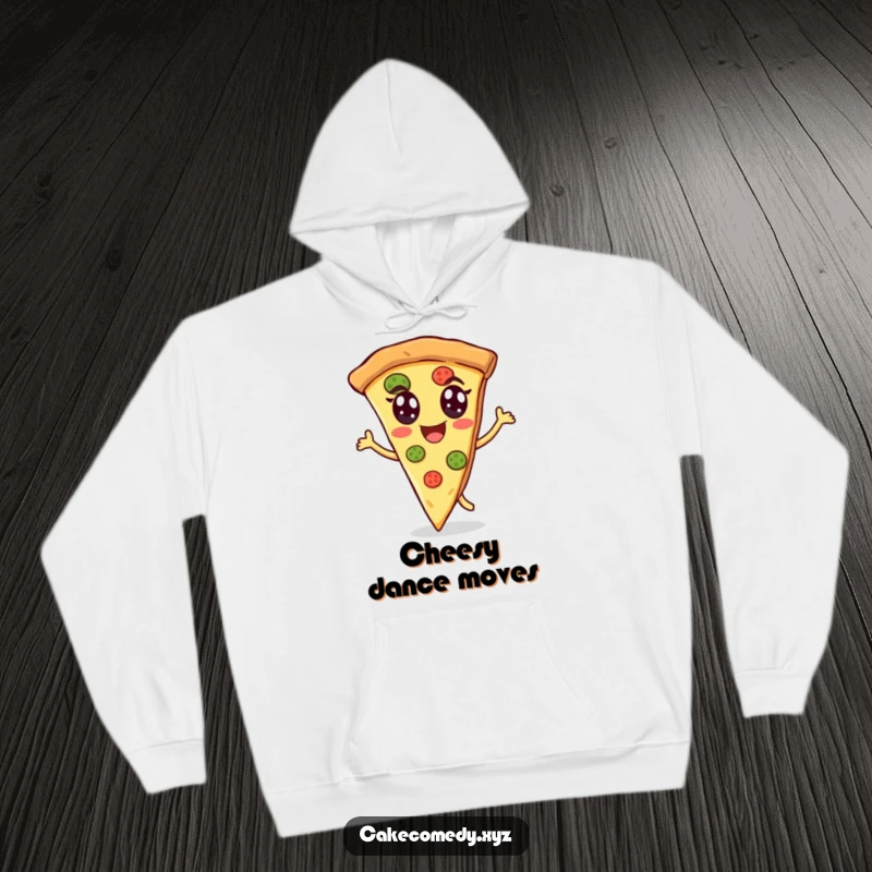 Funny pizza hoodie featuring a cheerful slice of pizza dancing energetically with eyes, offering warmth and humor for any pizza enthusiast.