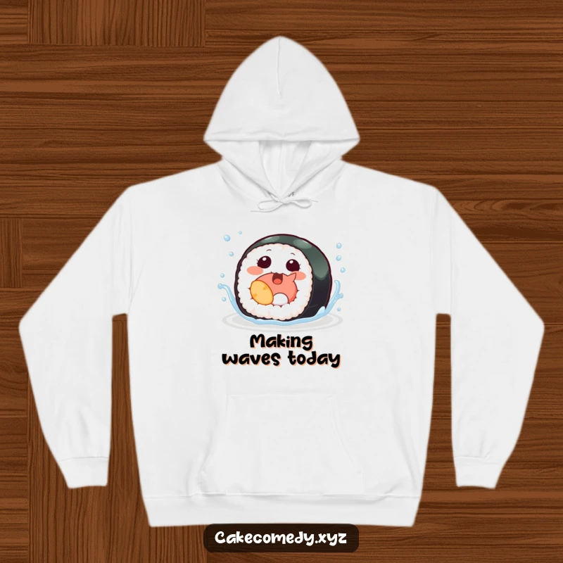Funny sushi hoodie featuring a giggling sushi roll with tiny fins splashing, offering a warm and humorous vibe for casual wear.