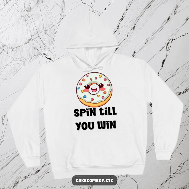 Funny donut hoodie with a happy, spinning donut adorned with colorful sprinkle buttons, offering warmth and cheerful style.