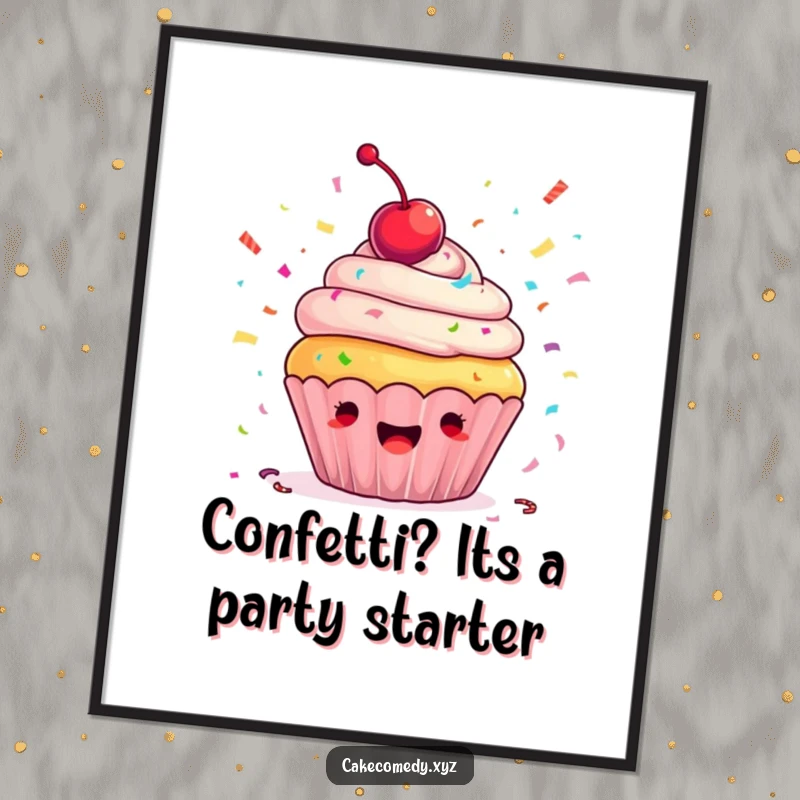 Funny Free Printable Wall Art: An ecstatic cupcake with a cherry on top joyfully throws colorful confetti, perfect for print-at-home decor.