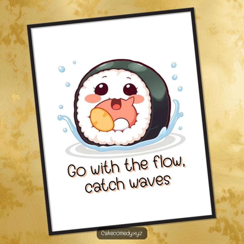Funny free printable wall art of a giggling sushi roll with tiny fins splashing joyfully in water.