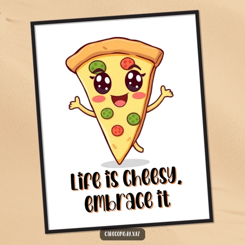 Funny Free Printable Wall Art: A cheerful pizza slice with eyes dances energetically, a fun print-at-home piece of art.