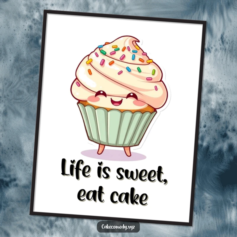 Funny Free Printable Wall Art: Smiling cupcake with sprinkle hair, playfully bouncing with vibrant energy.